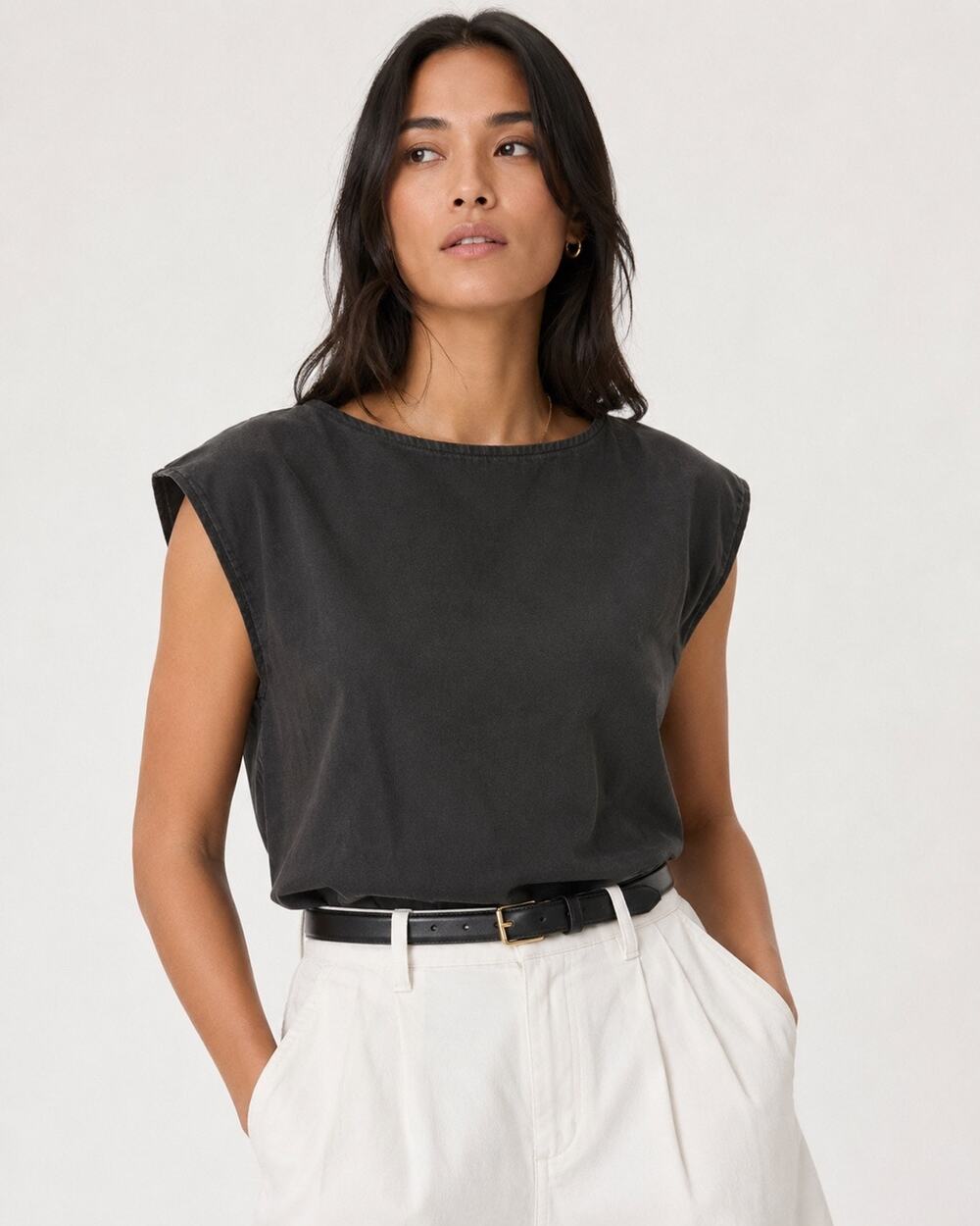 Vintage Black Boxy Sleeveless Top Minimalist Lagenlook 90s Cap Sleeve Size M